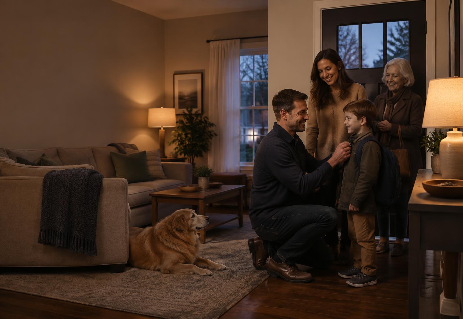 A family arriving home to a warm, comfortable living room